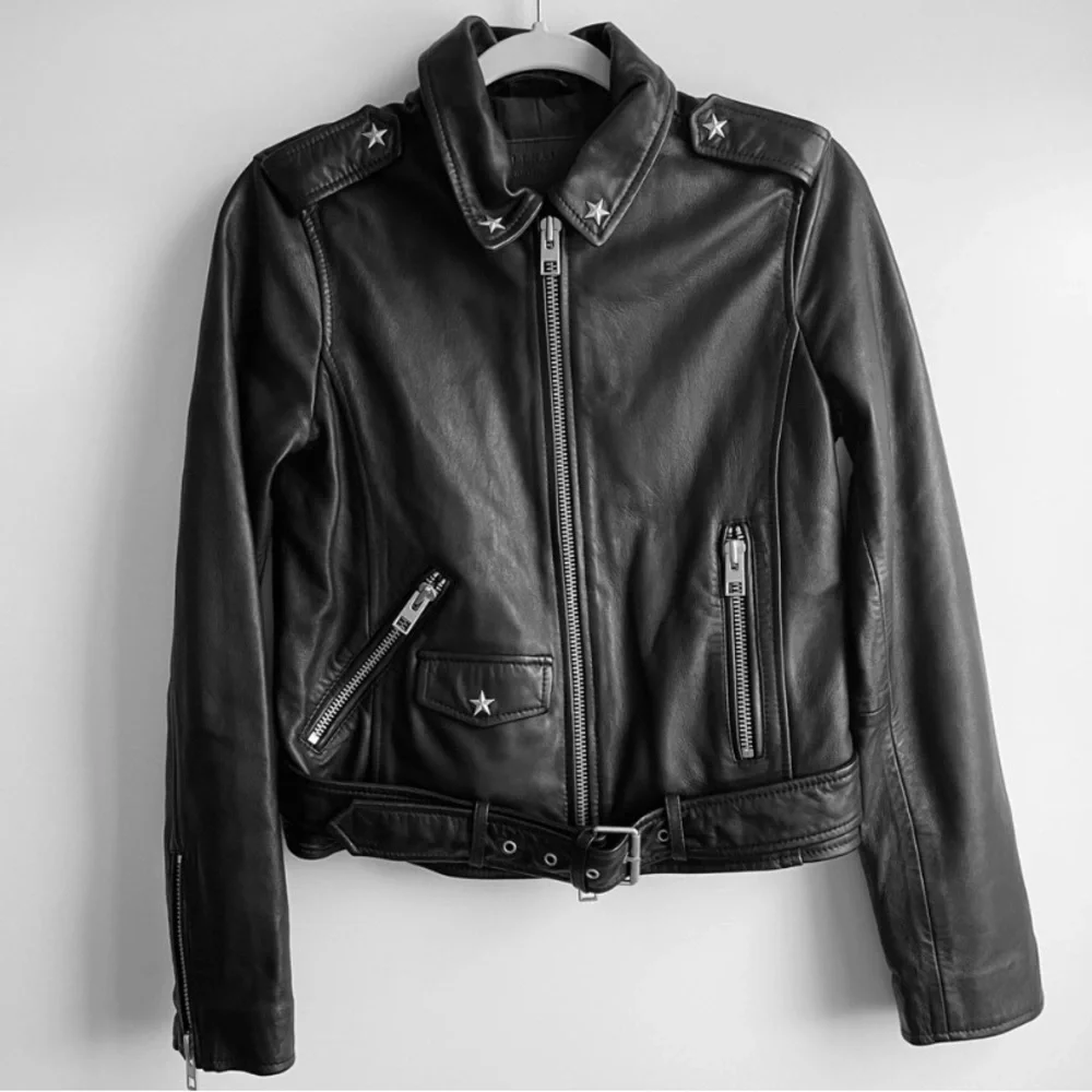 AllSaints Star Studded Raven Leather Biker Jacket Black US 6 Limited Edition - Picture 3 of 15